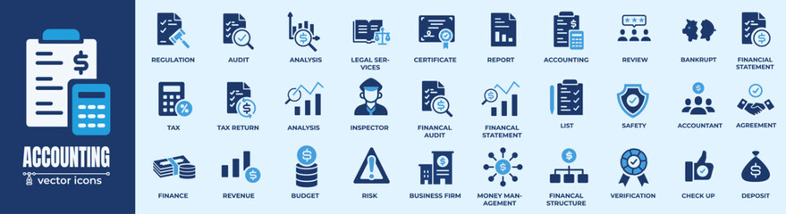 Accounting & Finance Vector Icons Set. Detailed finance icons illustrating accounting concepts; suitable for financial services and applications.