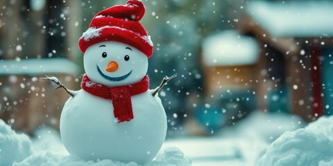 Fototapeta premium A snowman dressed in a red hat and scarf, perfect for winter scenes or holiday decorations