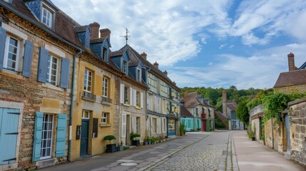 Obraz premium A picturesque French village with colorful buildings and cobbled streets.