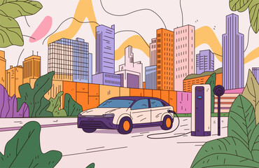 Electric car charging urban cityscape colorful buildings greenery abstract shapes modern design