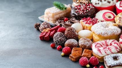 Festive Christmas desserts assortment on dark background