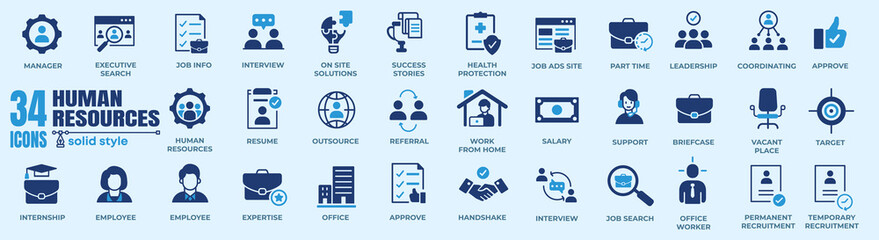 Head Hunting & HR Vector Icons Set. Professional HR icons depicting recruitment processes; perfect for corporate and agency use.