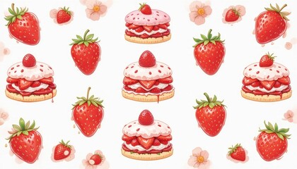 A set of strawberry shortcake illustrations on a white background