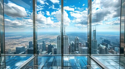 A view of a skyscraper's upper floors and cityscape below.
