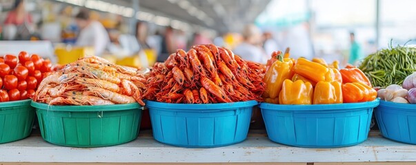 Bustling summer food festival showcasing a diverse array of fresh locally sourced produce seafood and other culinary delights in a vibrant outdoor marketplace setting