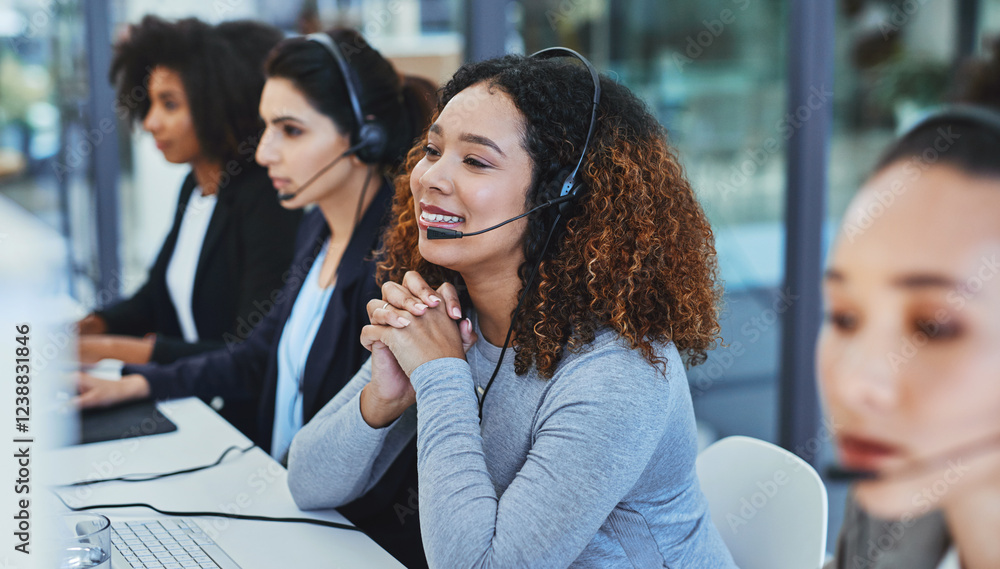 Aufkleber customer support, call center and women on computer in office for talking, communication and consult
