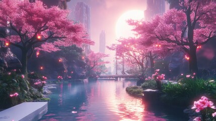 Serene cherry blossom landscape with tranquil water and lush pink trees at sunset