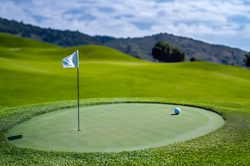 Pristine Golf Course Fairway Winding Towards Meticulously Groomed Green with Fluttering Flag