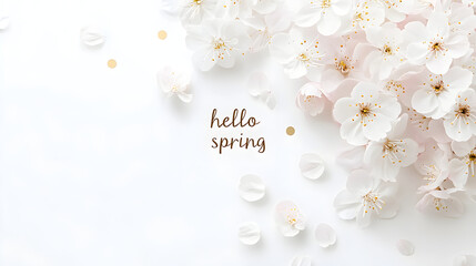 Text hello spring on light flower background. Spring season lettering with plants, leaves and colorful cherry flowers. Begin springtime. Floral spring concept