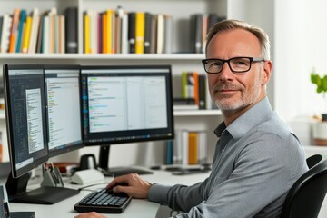 A person seated at a desk with dual screens, focused on work
