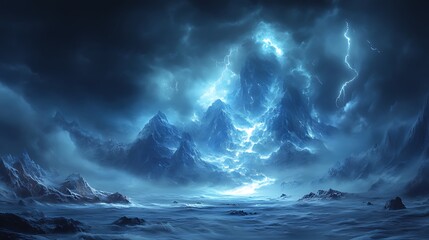 Naklejka premium Lightning strikes icy peaks; stormy mountainscape; fantasy backdrop