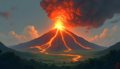 Illustration of an erupting volcano with lava flow, smoke cloud, and green landscape, depicting a natural disaster and geological phenomenon.
