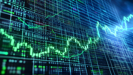 Fototapeta premium A stock market graph with green and blue lines, a dark background