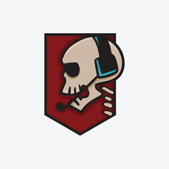 Side-view skull logo with headphones and mic, symbolizing edgy, music-focused customer service. Perfect for music-related businesses.