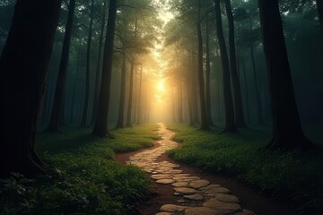 Fototapeta premium Symbolic path from darkness to light representing personal growth with wellness keywords subtly etched into the landscape