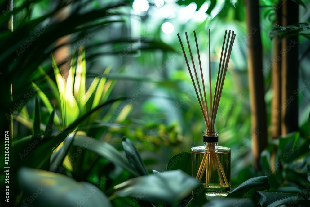 Poster aromatic reed diffuser releasing a fresh fragrance, creating a tranquil and inviting atmosphere