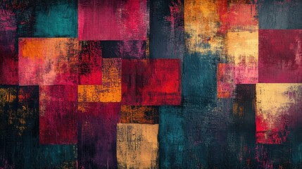 Abstract colorful geometric pattern with vibrant overlapping rectangles and distressed texture