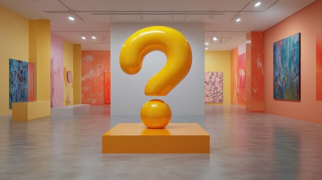 Large yellow question mark sculpture in colorful art gallery exhibition space - Powered by Adobe