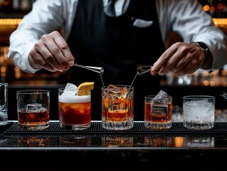 Hands of a bartender pouring a cocktail from a mixing glass, straining it through a sieve into a stemmed glass