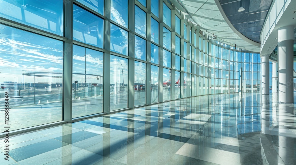 Poster contemporary architecture with large glass windows and open spaces.