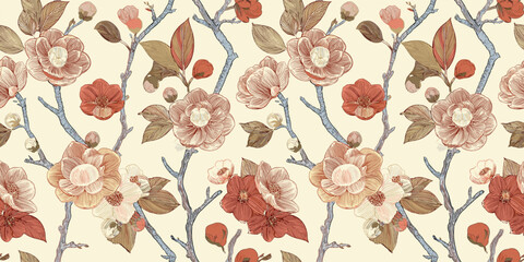 a floral pattern featuring large, blooming flowers, buds, and leaves on delicate, intertwining branches, all set against a cream background. The flowers and leaves are rendered in warm, earthy tones o