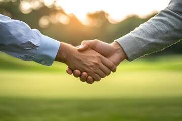 Business Partners Shaking Hands on Lush Golf Course, Successful Deal Concept