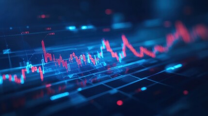 Digital blue and red financial graph with data points and light effects