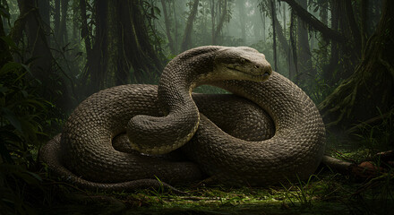 Obraz premium Enormous Anaconda in a Misty Rainforest Jungle: A Masterpiece of Digital Art