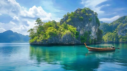 Fototapeta premium Small tropical island with a wooden boat anchored nearby.