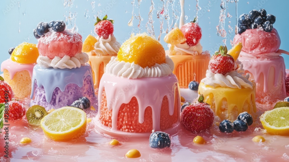 Poster variety of cakes displayed with different toppings and fresh fruits on a table surface