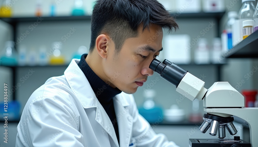 Poster scientist using a microscope in a laboratory setting.