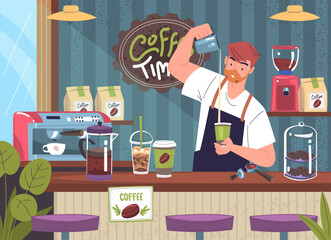Barista makes coffee. Coffeehouse service professional employer or owner cafe bar brew espresso mug, pouring latte cup hipster man person in apron working classy vector illustration