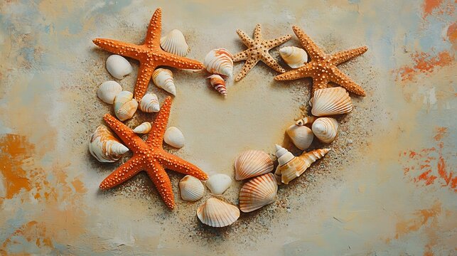 Starfish and seashells arranged in a heart shape on soft sand.