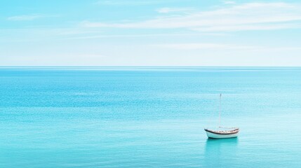 Fototapeta premium Solitude on the Azure Sea: A small sailboat rests serenely on a vast expanse of calm, turquoise water under a clear, bright sky. The scene evokes a sense of peace and tranquility. 