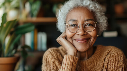 Happy retired african american woman with grey hair and eyeglasses is smiling and resting her chin on her hand while sitting in her living room with plants and bookcase in the background