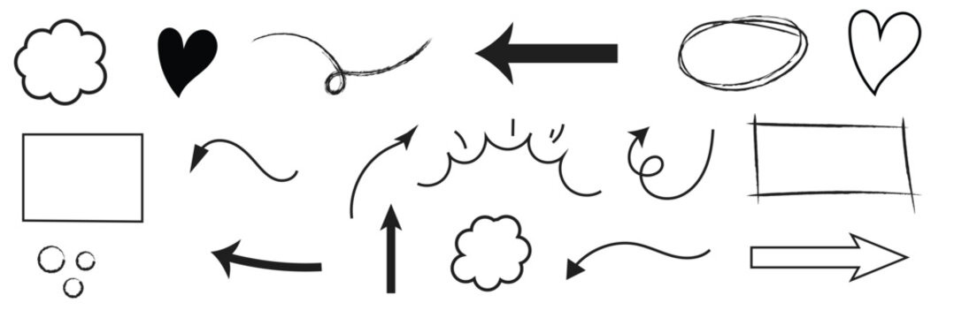 Line arrow hand drawn shape brush underline stroke element vector set. Hand drawn doodle sketch arrow, circle, star brush stroke scribble underline icon. Marker doodle heart vector illustration. 