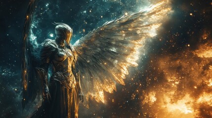 Majestic winged armor: angelic warrior in cosmic battle scene with celestial light