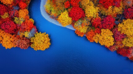 Aerial View of Vibrant Autumn Foliage Surrounding a Serene Blue River