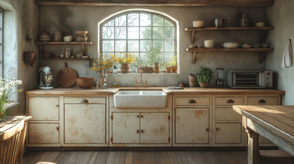 Rustic Vintage Kitchen with Natural Light and Wooden Accents
