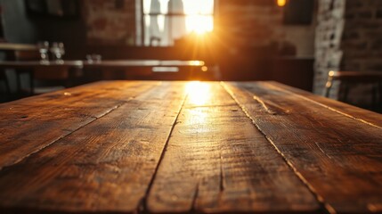 Sunlit wooden table in cozy rustic cafe interior setting