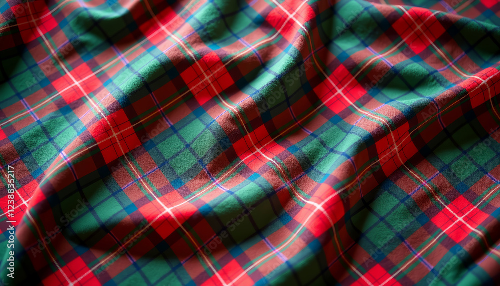 Poster crumpled tartan fabric in red and green colors creating a textured background