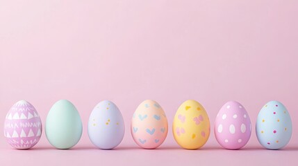 Pastel Easter Eggs Row: Seven pastel-colored Easter eggs, each uniquely decorated with delicate patterns, are arranged in a charming row against a soft pink background.