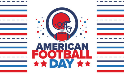 American Football Day. Holiday for American football fans in United States. Game Day. Professional team sport. Championship. Ball and Helmet. Sport poster. Vector illustration
