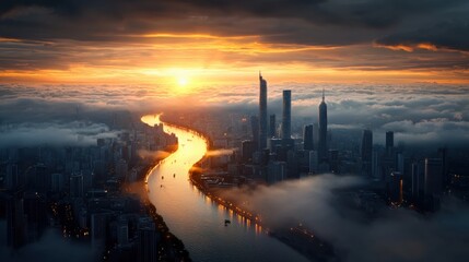 Breathtaking aerial view of a modern city skyline at golden hour with a glowing river winding through the heart of the bustling metropolis