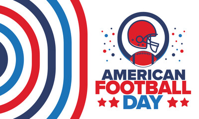 American Football Day. Holiday for American football fans in United States. Game Day. Professional team sport. Championship. Ball and Helmet. Sport poster. Vector illustration