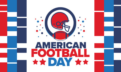 Naklejka premium American Football Day. Holiday for American football fans in United States. Game Day. Professional team sport. Championship. Ball and Helmet. Sport poster. Vector illustration