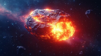 Fiery asteroid in space with glowing surface and celestial debris background