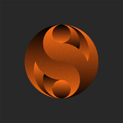 Abstract orange gradient sphere logo with flowing round shapes and noise textured surface on dark background, symbol of digital creativity circular pattern artwork, futuristic design trend.