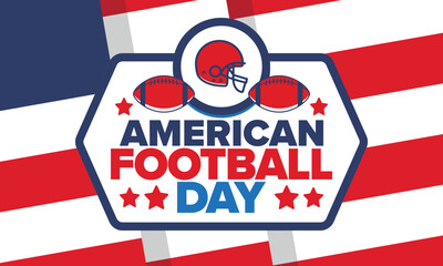 American Football Day. Holiday for American football fans in United States. Game Day. Professional team sport. Championship. Ball and Helmet. Sport poster. Vector illustration