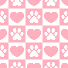 Hearts and paw prints in cute and minimalistic style on checkered background Vector seamless pattern